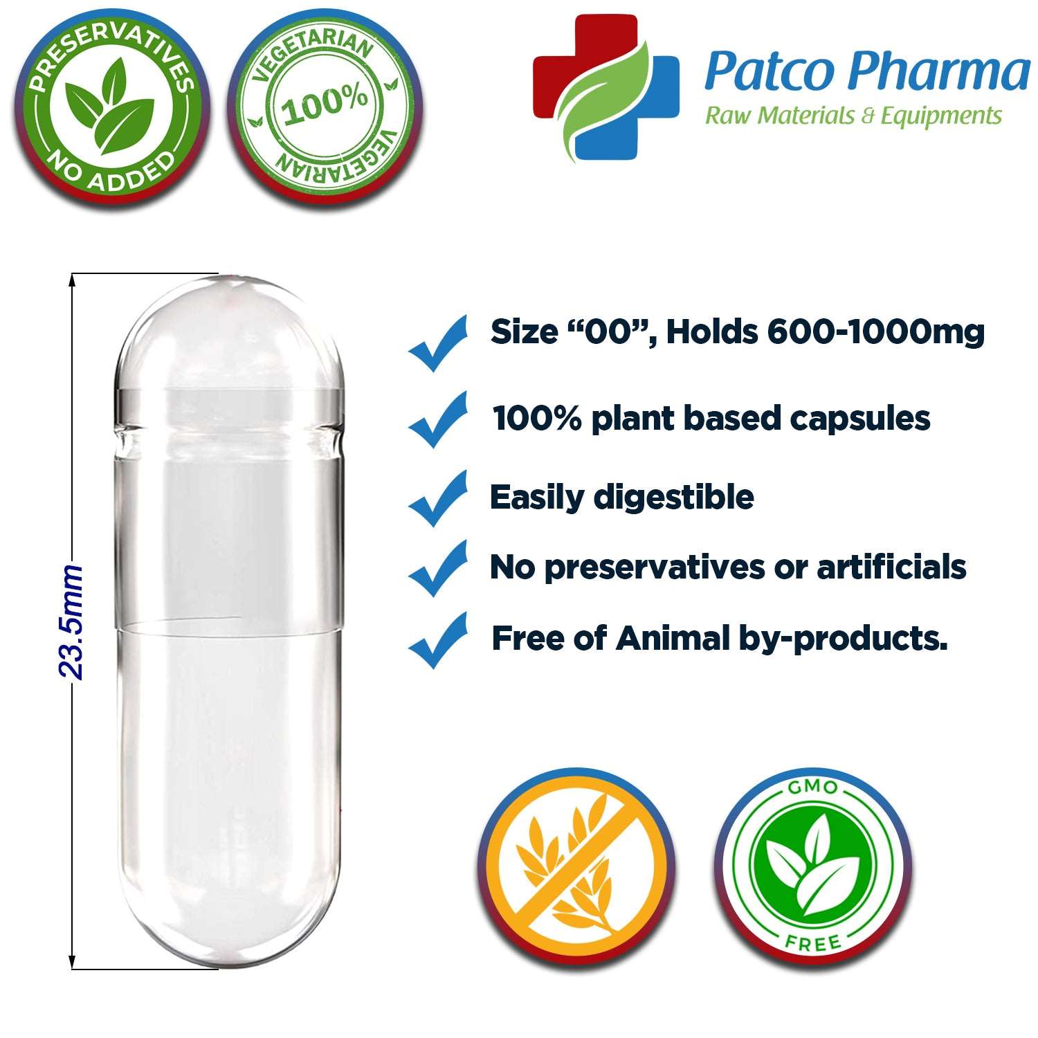 Empty Vegetarian Capsule - Size 00, Patco Pharma, HPMC capsules, empty-vegetarian-capsule-size-00, 1000 mg capsule, Size 00 Capsule, Vegetarian capsule, Patco Pharma