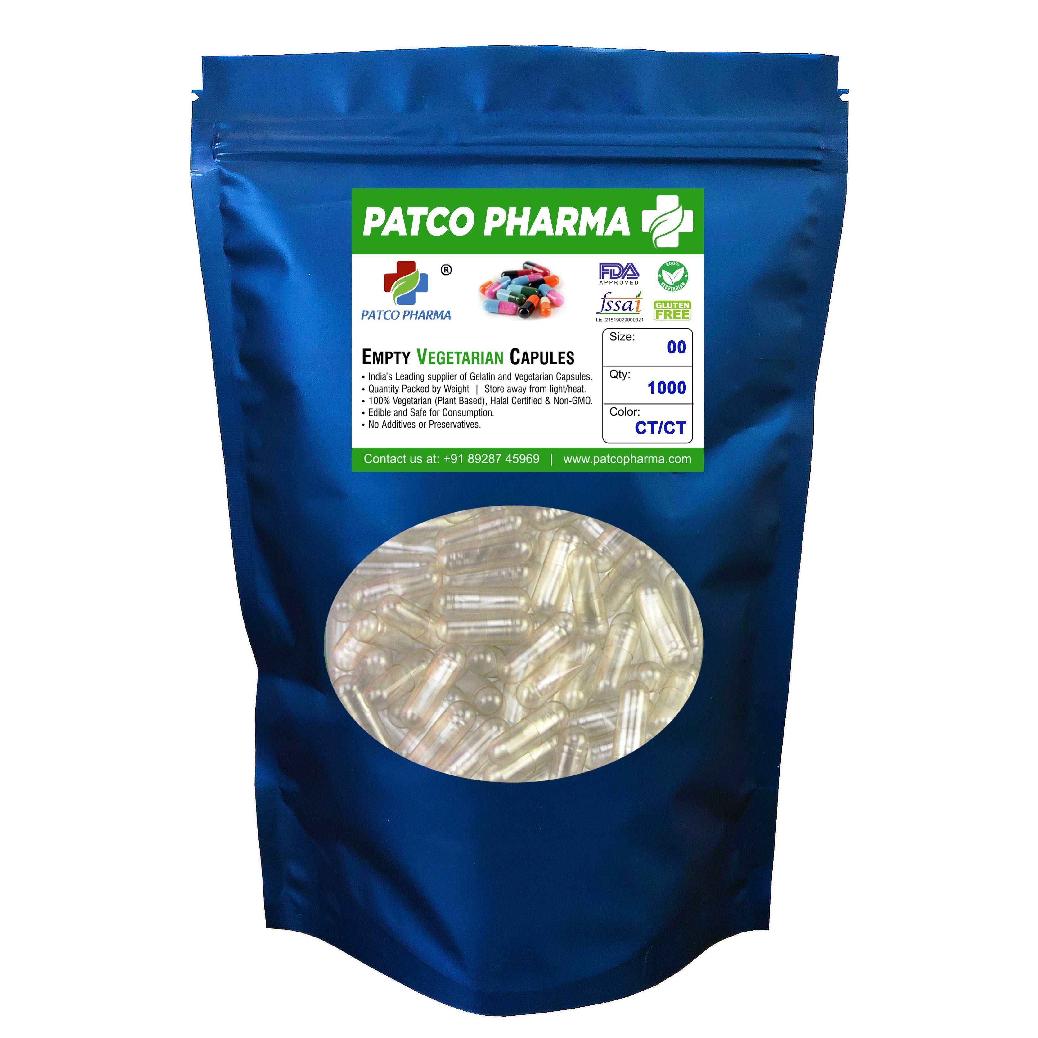 Empty Vegetarian Capsule - Size 00, Patco Pharma, HPMC capsules, empty-vegetarian-capsule-size-00, 1000 mg capsule, Size 00 Capsule, Vegetarian capsule, Patco Pharma