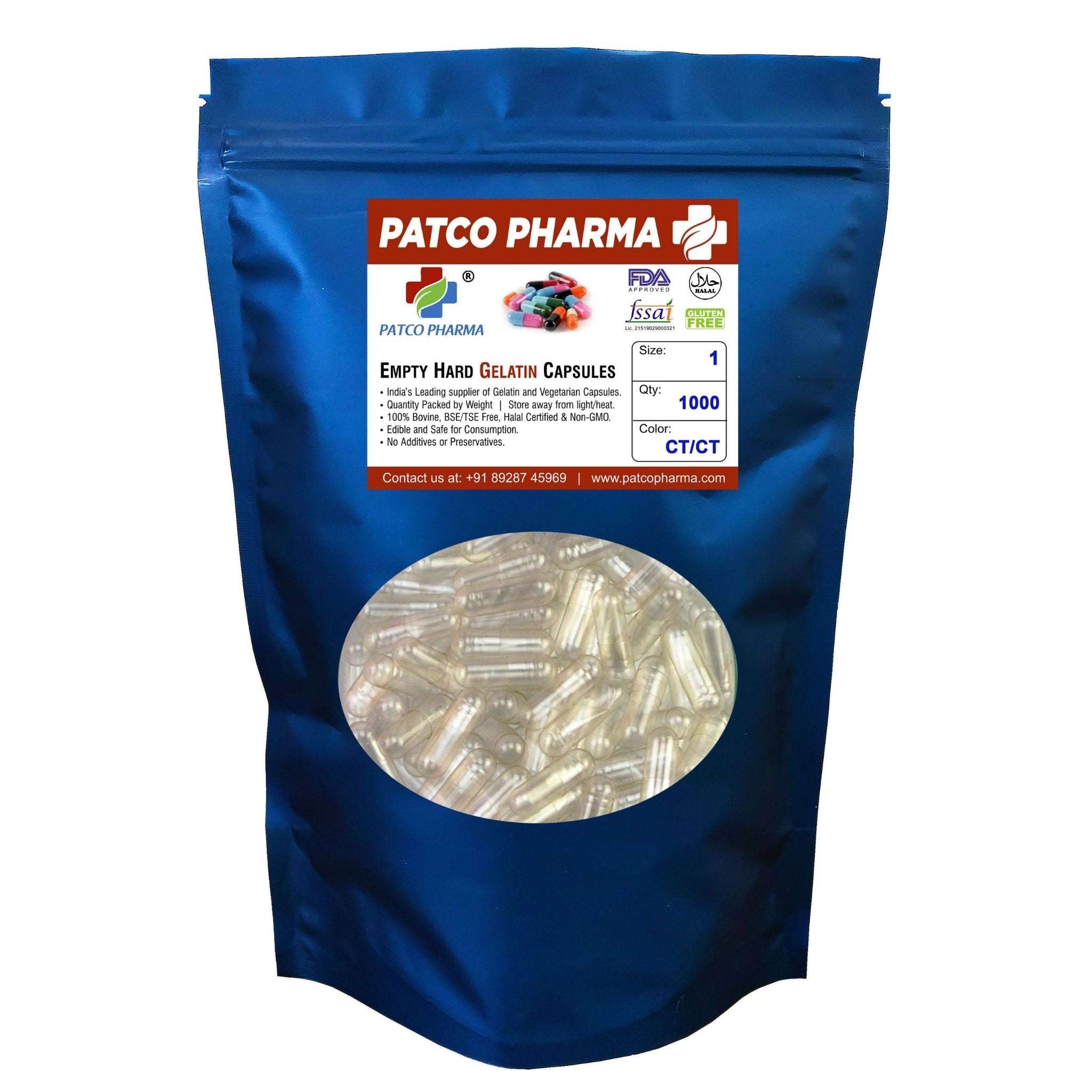 Empty Gelatin Capsule - Size 1, Patco Pharma, Gelatin Capsules, empty-gelatin-capsule-size-1, 400 mg, size 1 capsule, Patco Pharma