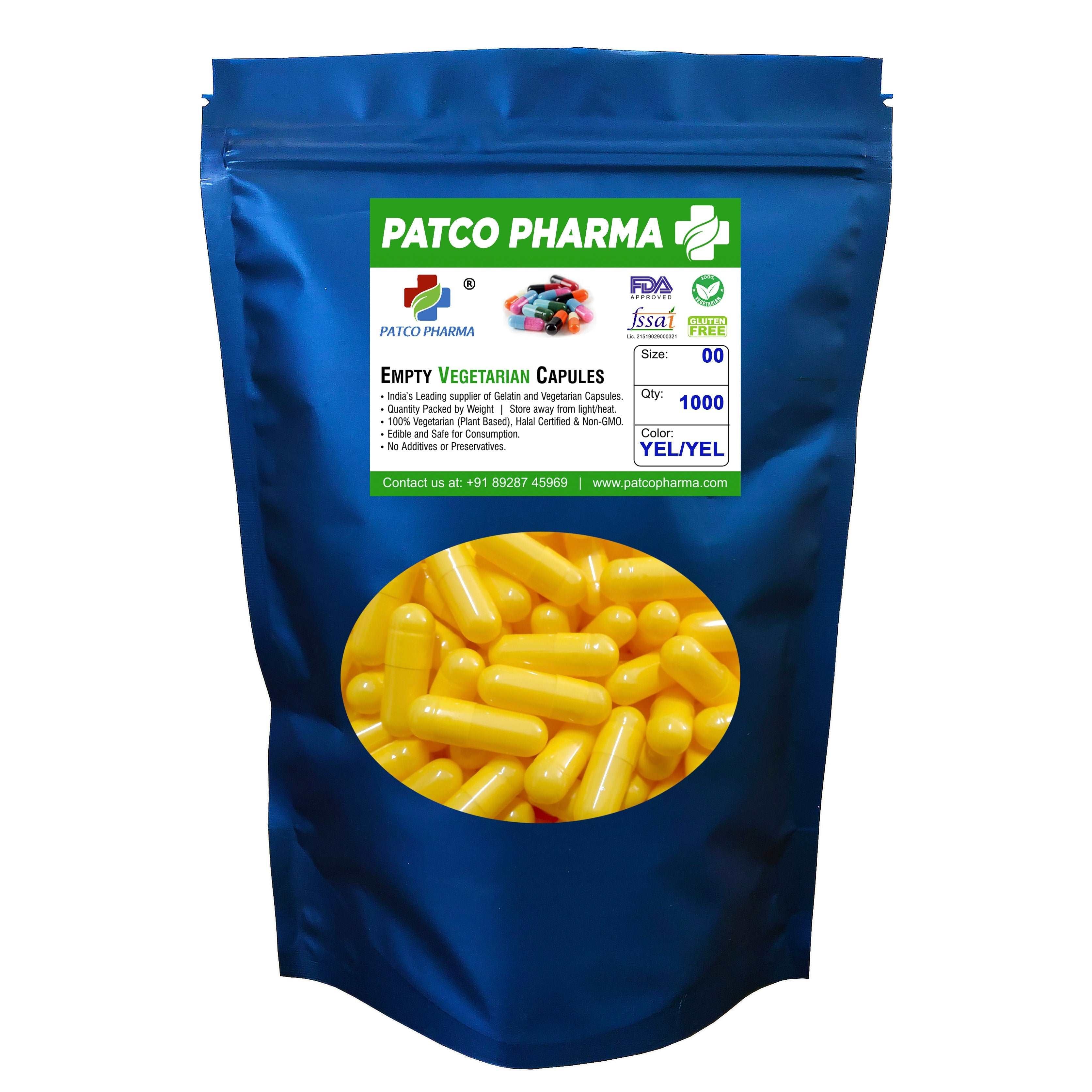 Size 00 Yellow Empty Vegatarian Capsule, Patco Pharma, HPMC capsules, size-00-yellow-empty-vegetarian-capsule, "1000 mg capsule, Size 00 Capsule, Vegetarian capsule, Yellow Capsule", Patco Pharma