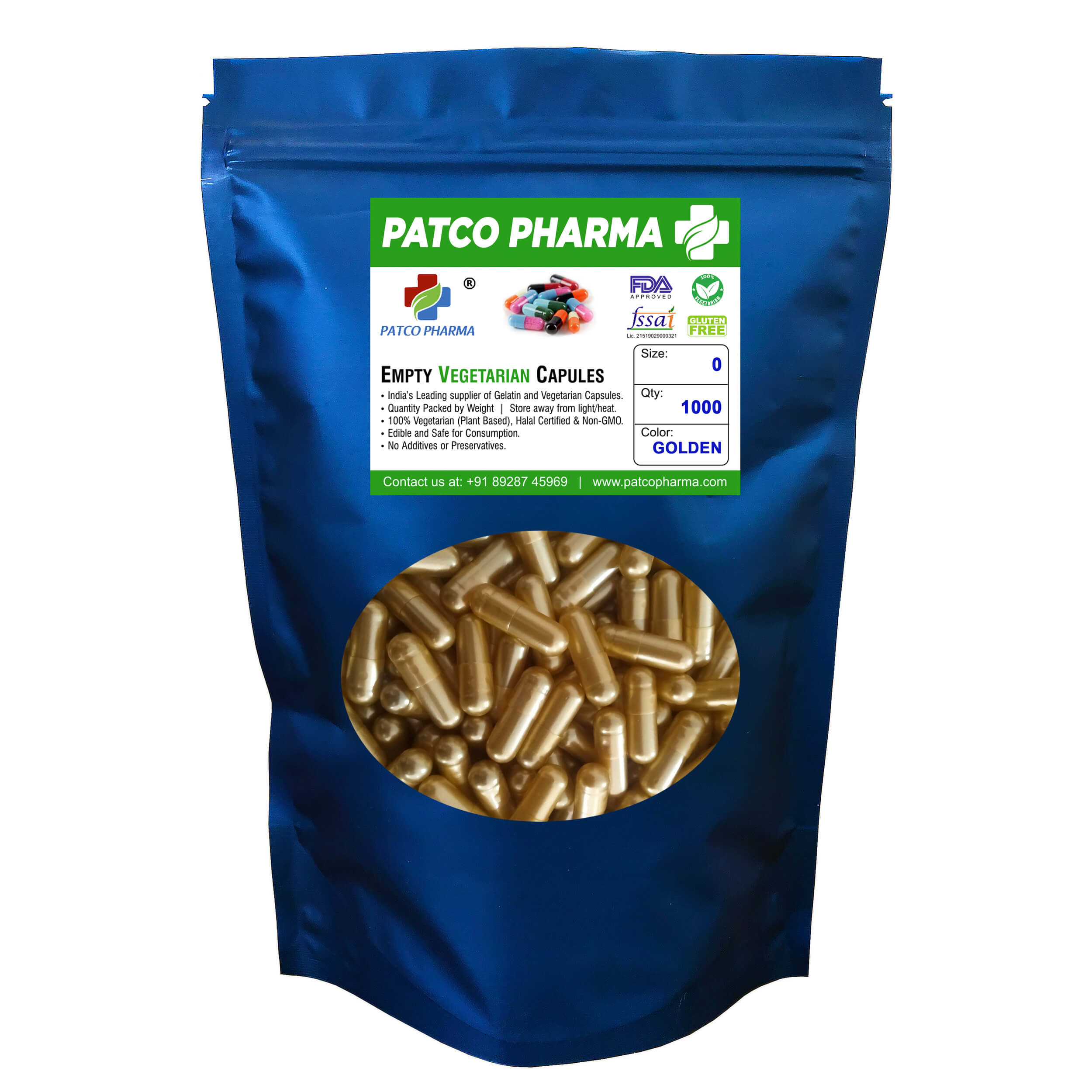 Patco Pharma empty vegetarian size 0 golden capsule shell