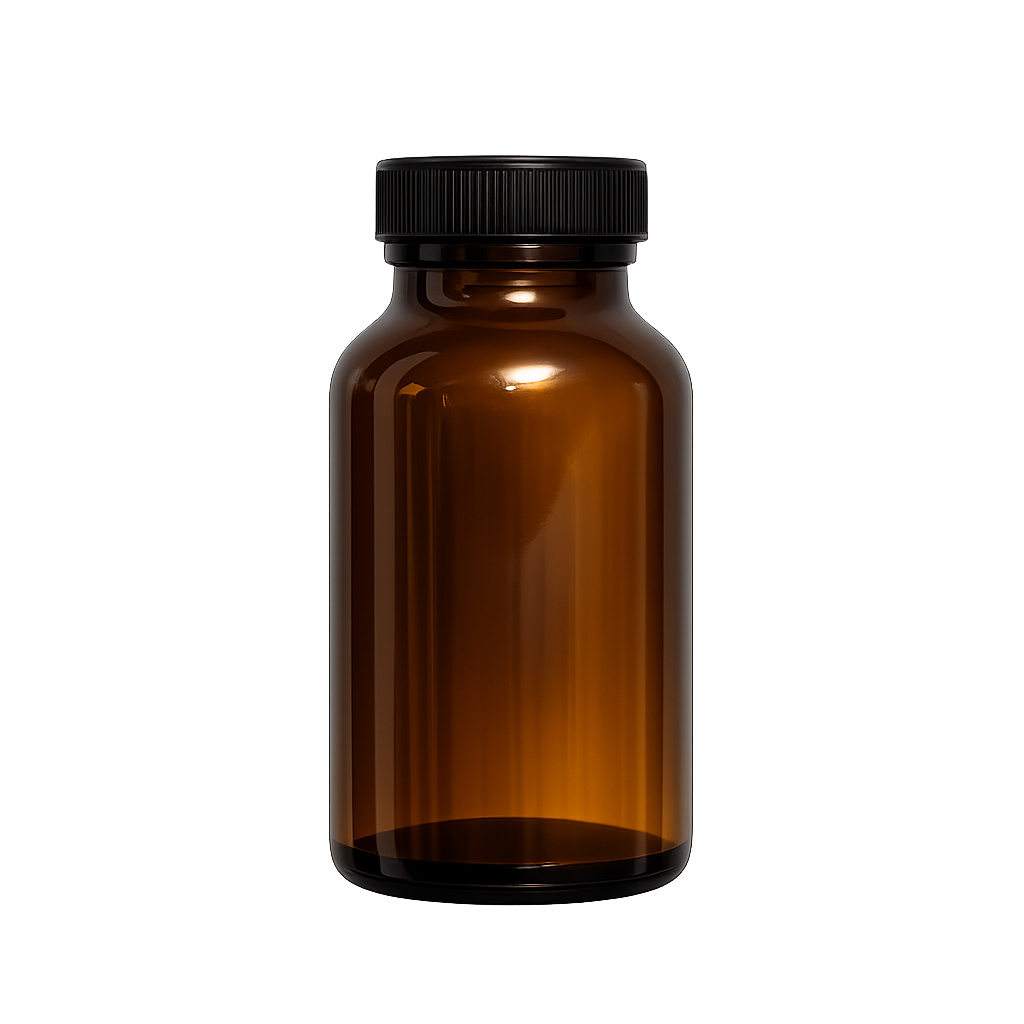 Amber Glass Tablet Bottle with Wide Mouth and Black Screw Cap