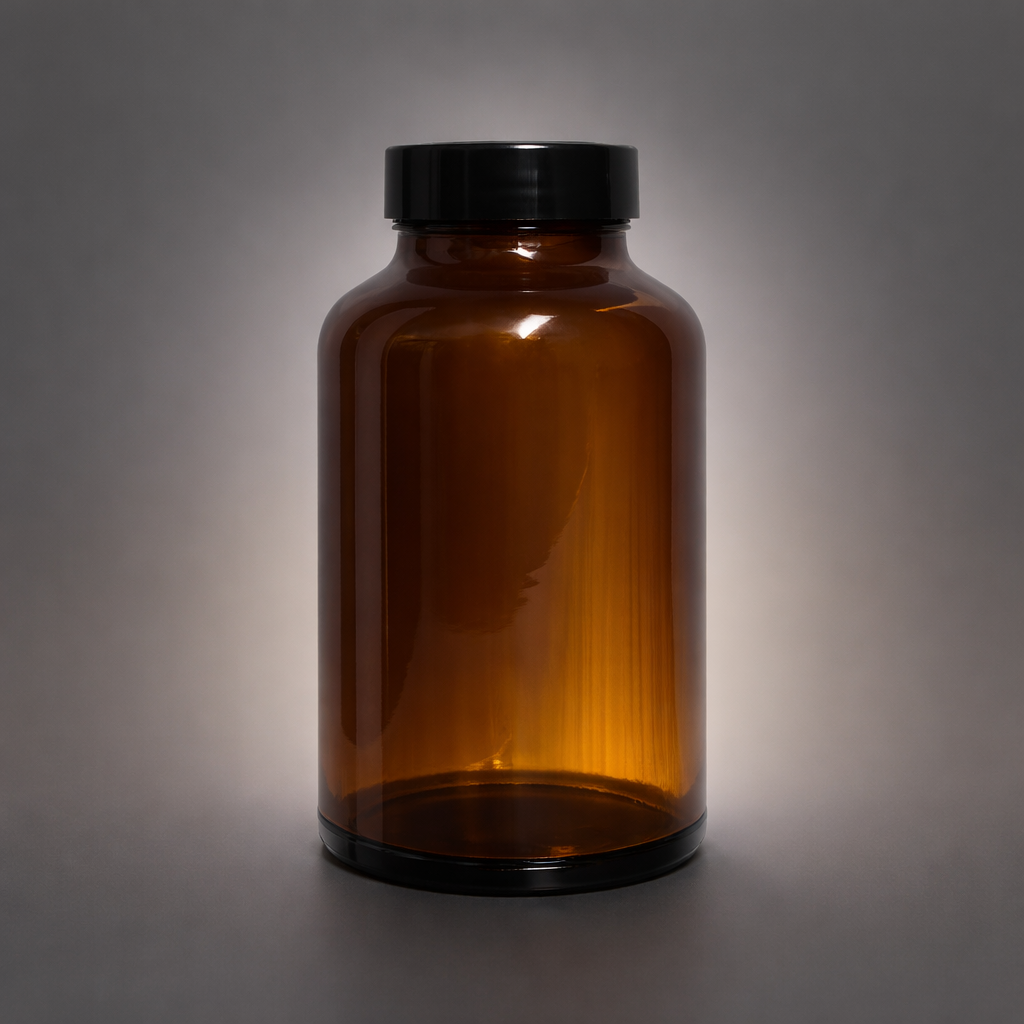 Amber Glass Tablet Bottle with Wide Mouth and Black Screw Cap