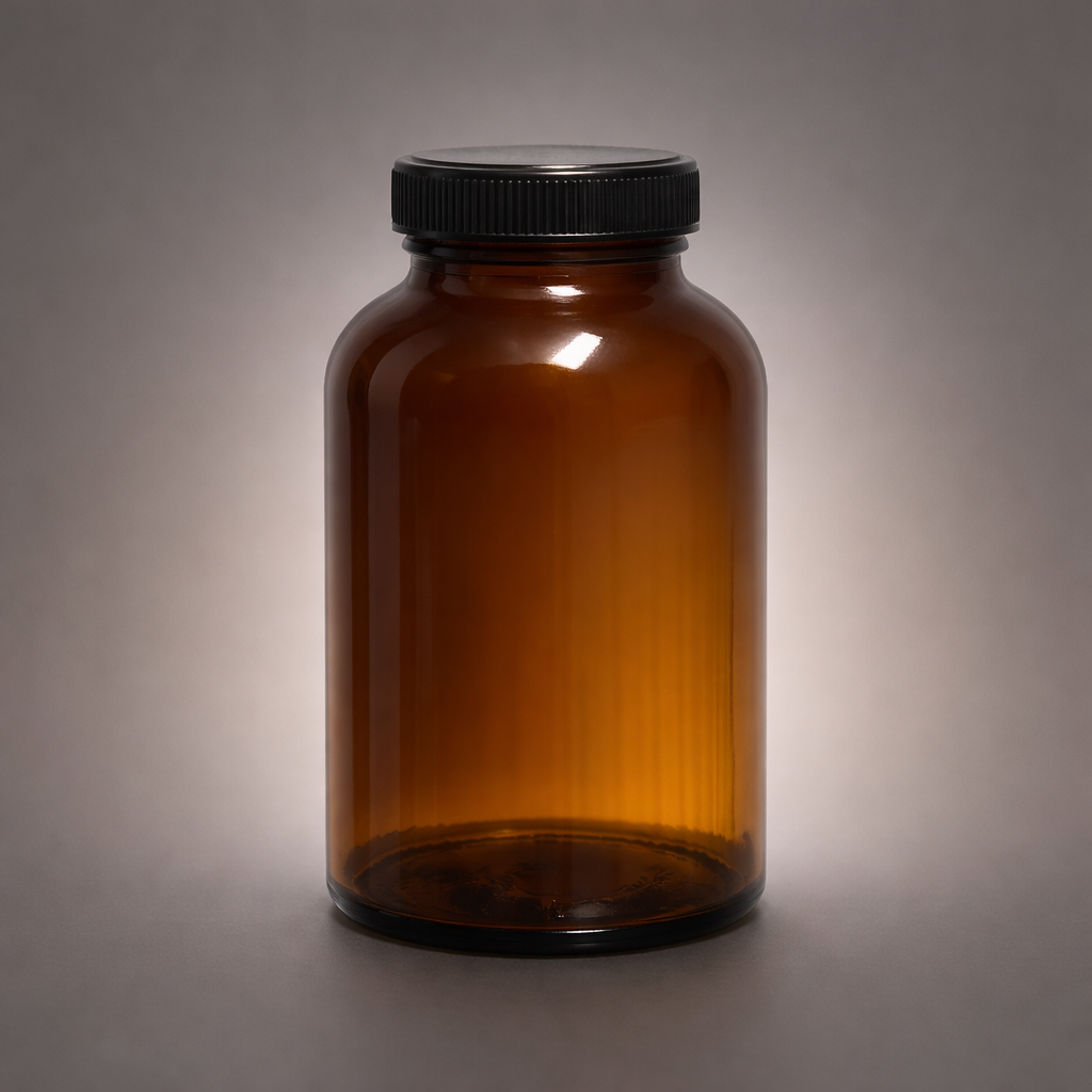 Amber Glass Tablet Bottle with Wide Mouth and Black Screw Cap