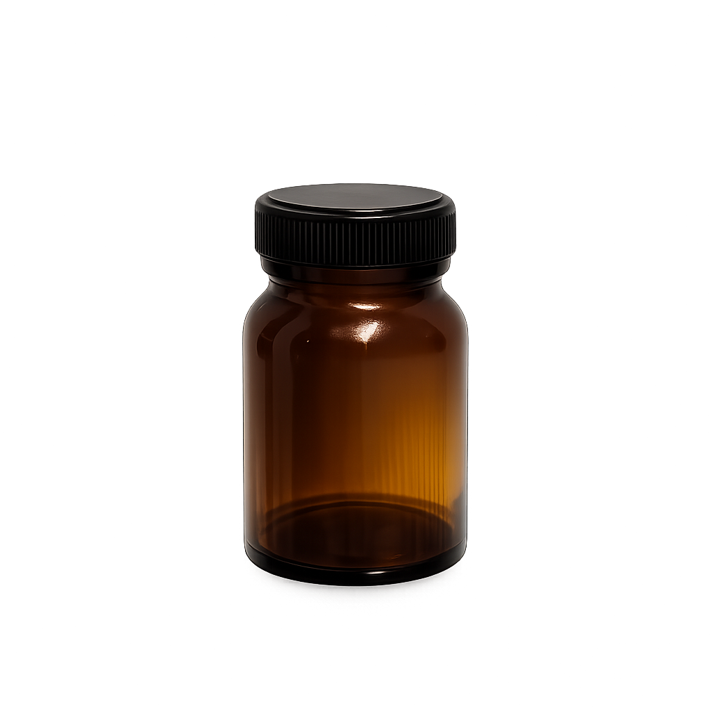 Amber Glass Tablet Bottle with Wide Mouth and Black Screw Cap