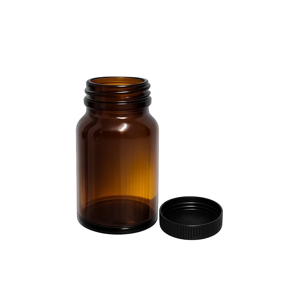 Amber Glass Tablet Bottle with Wide Mouth and Black Screw Cap