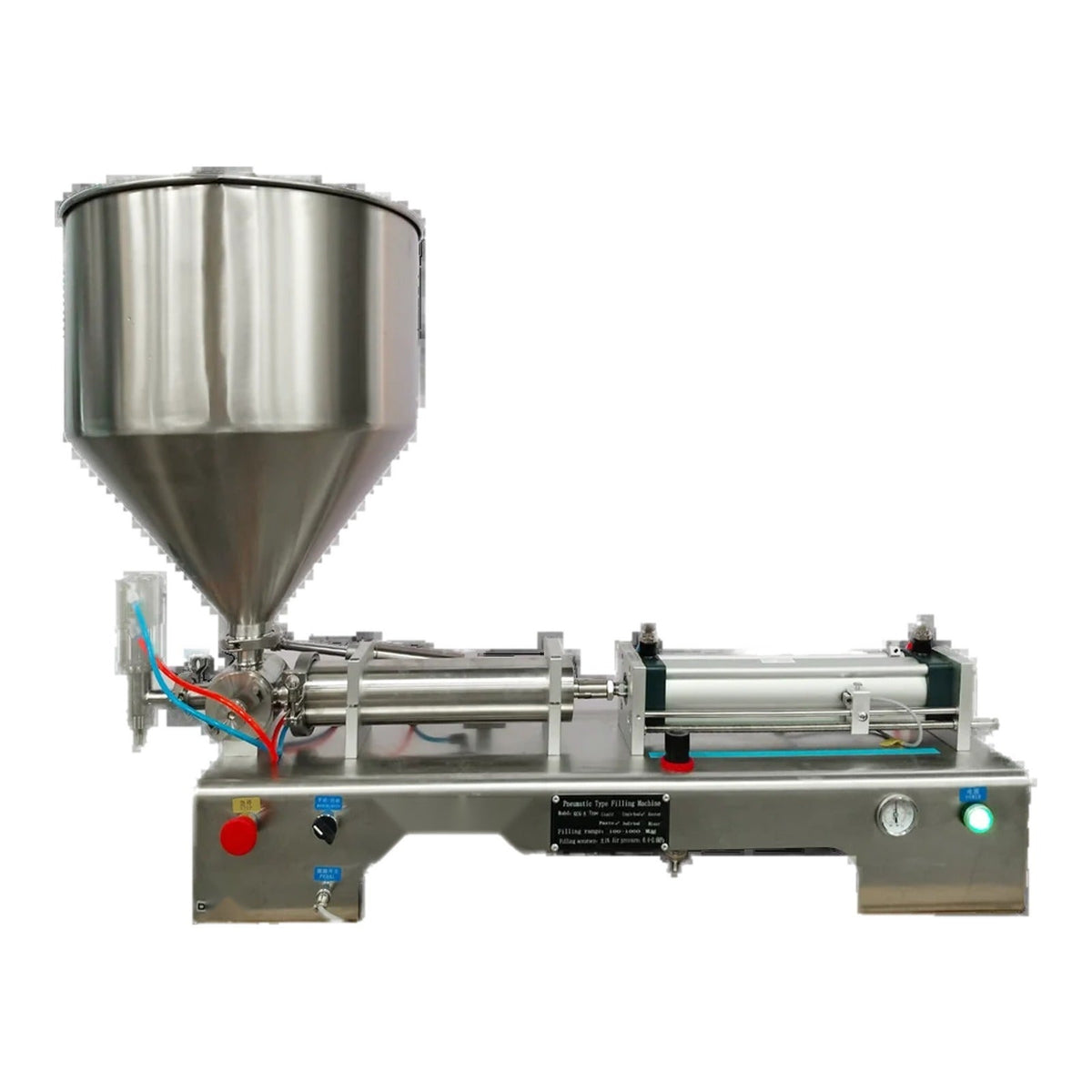 Pneumatic paste filling machine, semi automatic horizontal piston filler on white background