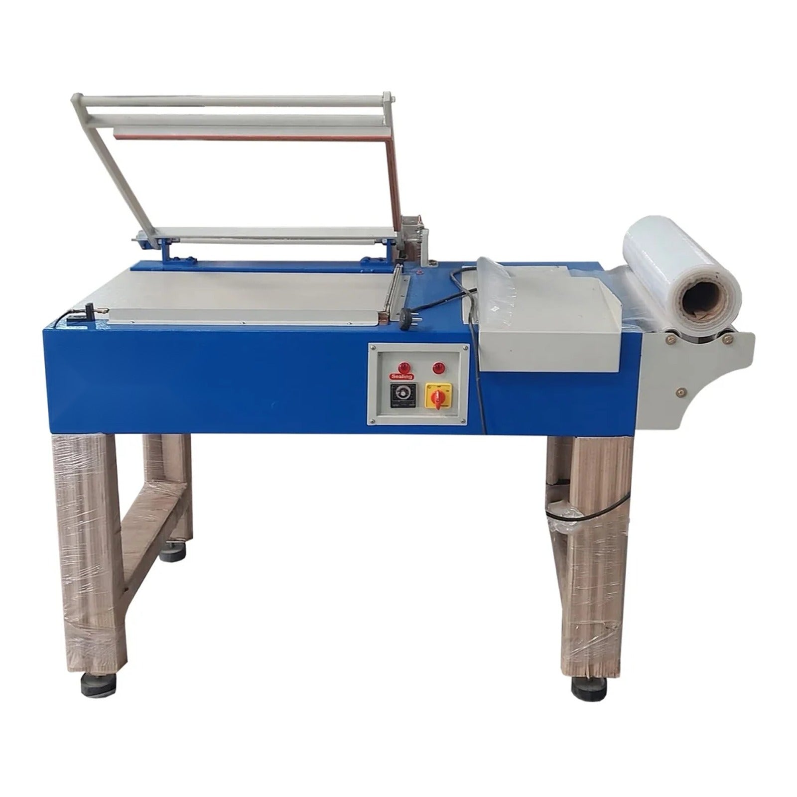 Manual L sealer machine with 500 x 400 mm seal area and film roll holder