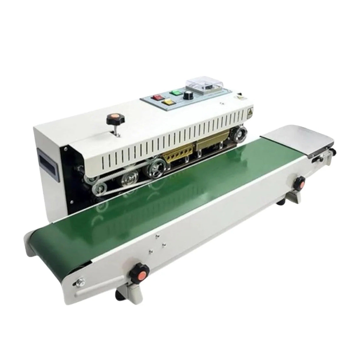 Band sealing machine side view with green conveyor belt