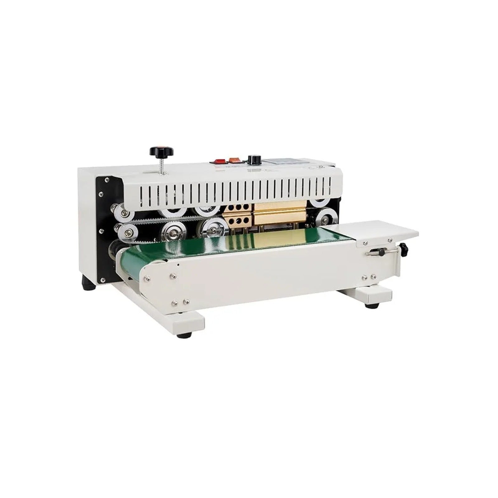 Band sealing machine showing sealing rollers and coding unit