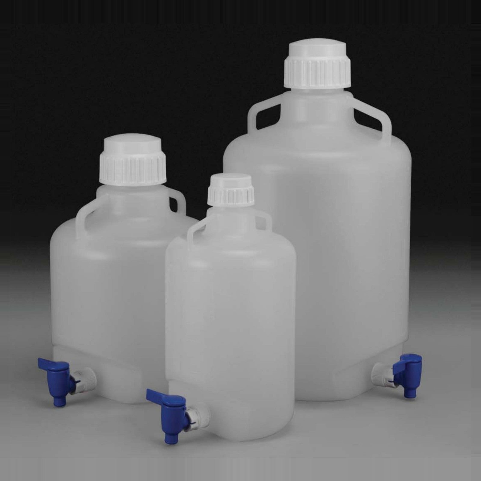 Polypropylene carboys with stopcock and wide shoulder handles
