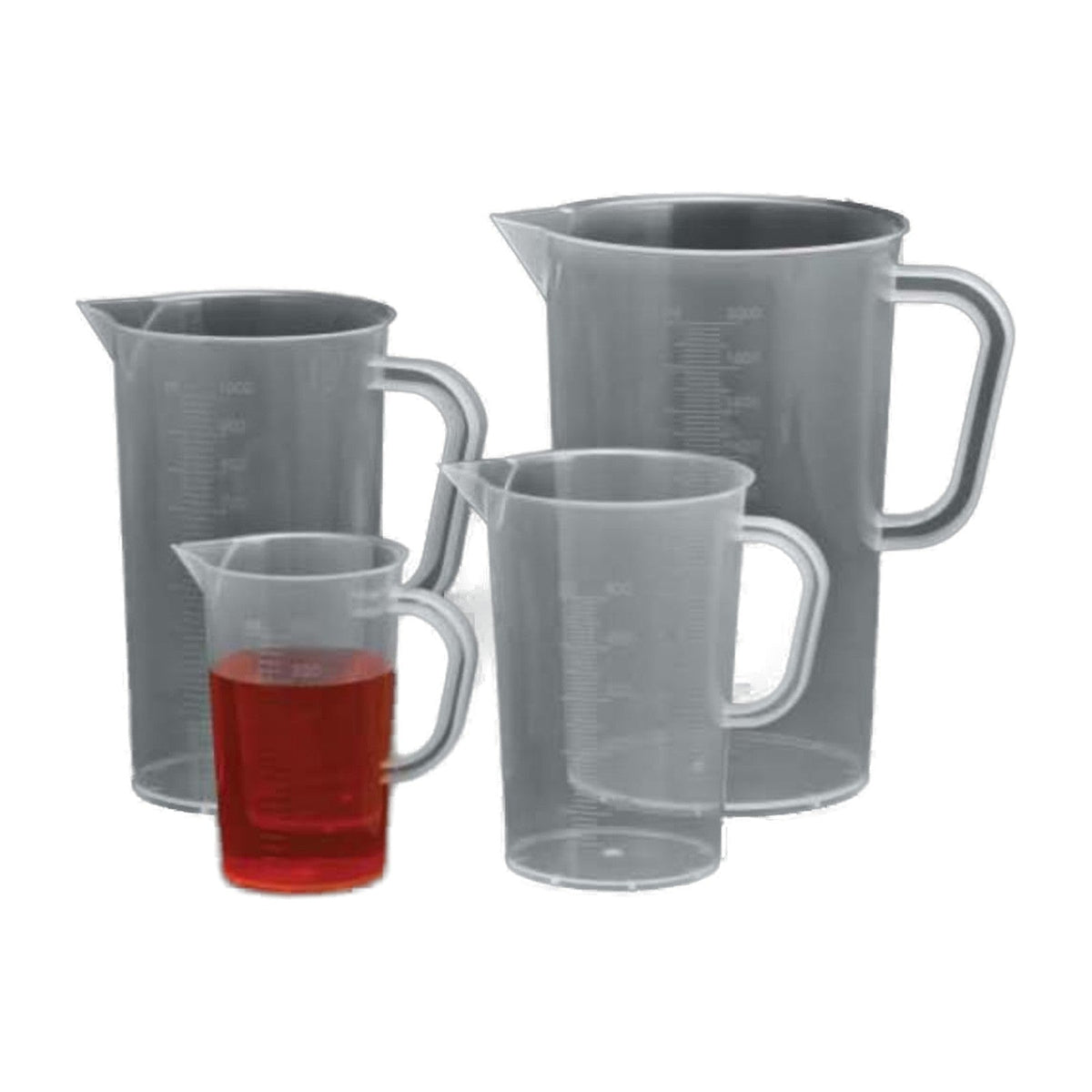 Polypropylene long form measuring jugs with raised graduations and handles