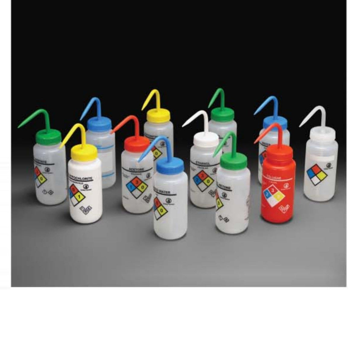 Plentisafe wide mouth wash bottles 500 ml with four colour safety labels and angled delivery tubes