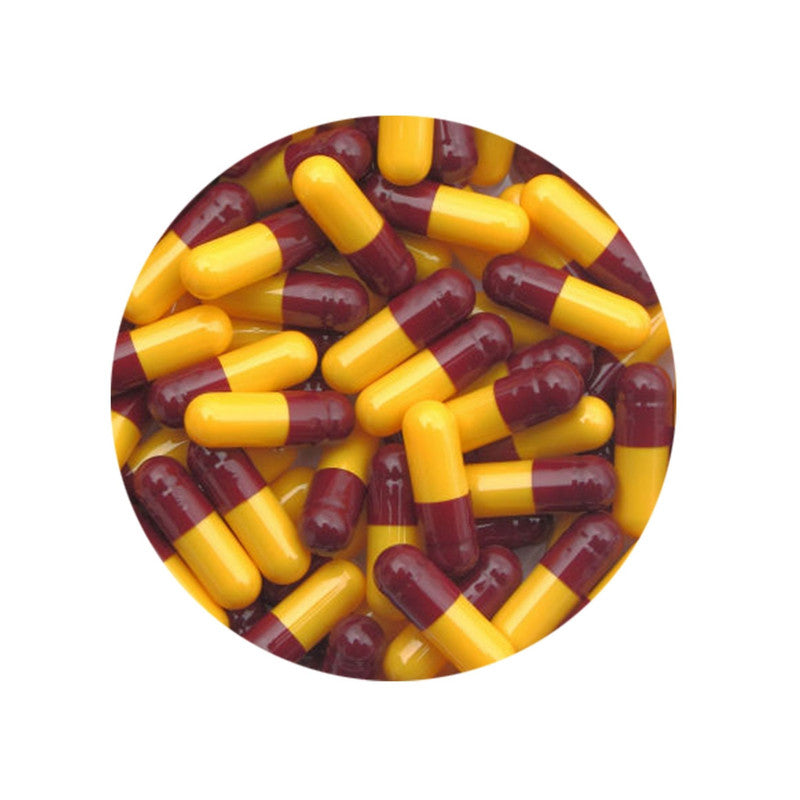 Size 0 Maroon/Yellow Empty Gelatin Capsule Patco Pharma