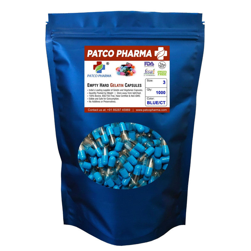 Size 3 Blue/CT Empty Gelatin Capsule, Patco Pharma, Gelatin Capsules, size-3-blue-ct-empty-gelatin-capsule, "300 mg capsule, Blue/CT Capsule", Gelatin Capsule, Size 3 capsule, Patco Pharma