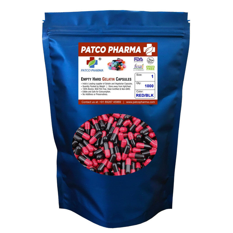 Size 1 Red/Black Empty Gelatin Capsule, Patco Pharma, Gelatin Capsules, size-1-red-black-empty-gelatin-capsule, "400 mg, Gelatin Capsule, Size 1 Capsule", Patco Pharma