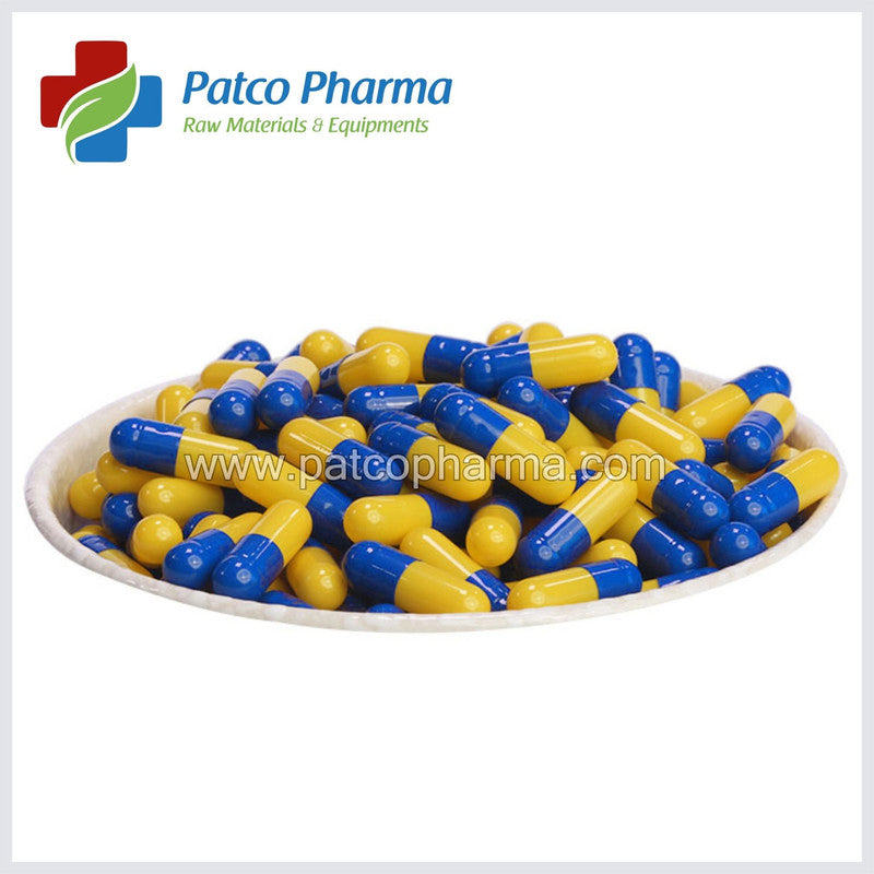 Size 0 Blue/Yellow Empty Gelatin Capsule, Patco Pharma, Gelatin Capsules, size-0-blue-yellow-empty-gelatin-capsule, "500 mg capsule, Blue/Yellow Capsule", Gelatin Capsule, Size 0 Capsule, Patco Pharma